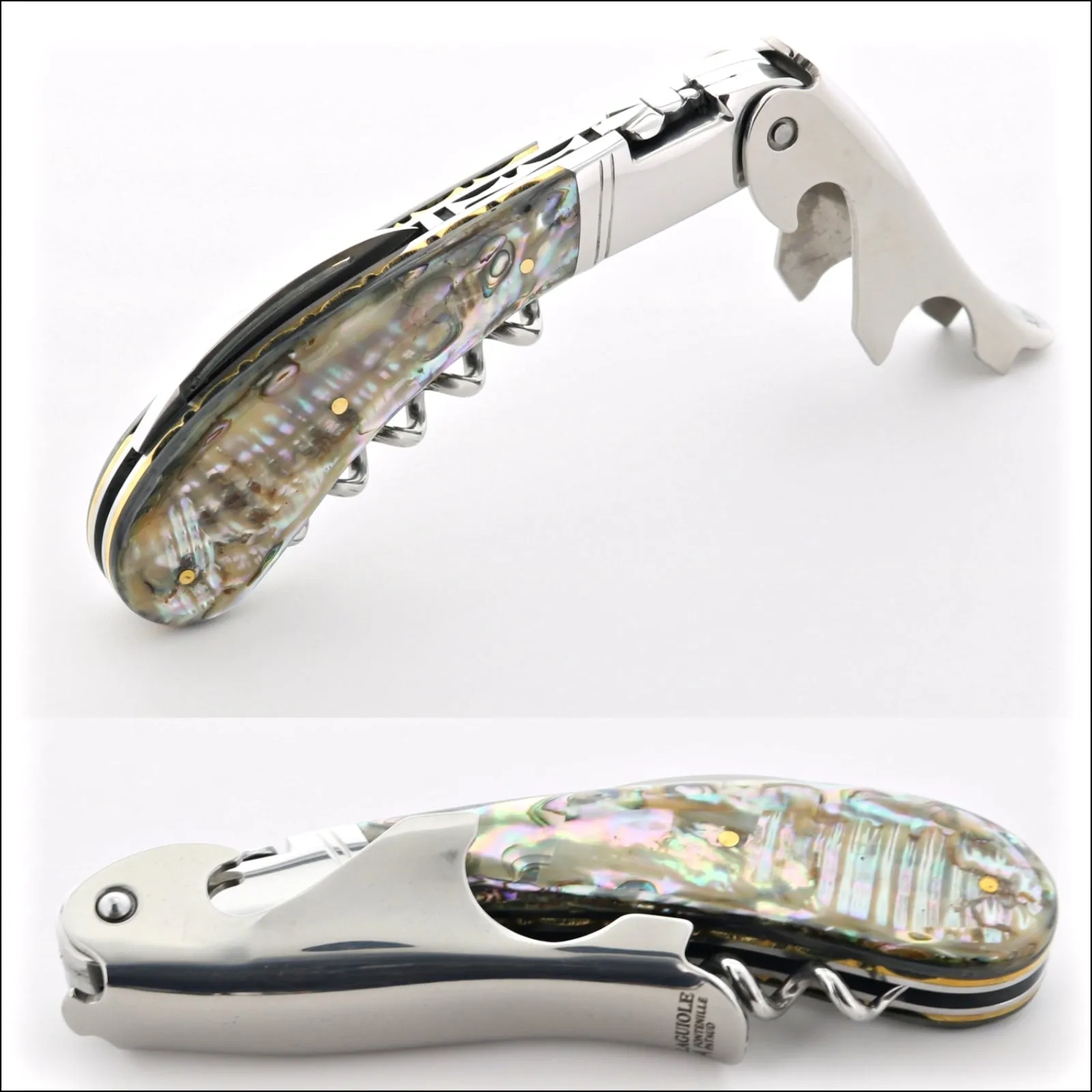 Laguiole Magnum Genuine Mother of Pearl Guilloche Corkscrew - A