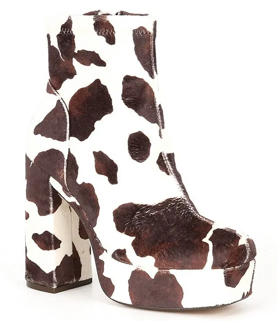 Steve Madden Bianca Cow Print Square Toe Platform Boots